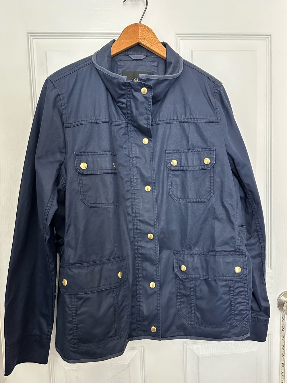 J Crew Downtown Field Jacket Navy Blue Waxed Cotton Brass Snap Military Sz:XL
